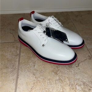 G/FORE x Barstool Golf White Leather Oxfords with Red and Blue Trim